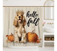 Dog Shower Curtain, Cute Cocker Spaniel with Pumpkins Fall Bathroom Decor, Autumn Modern Farmhouse Beige Waterproof Fabric Shower Curtain with Hooks 72x84 Inch