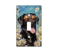 Dog Single Light Switch Cover Plate, Playful Fanciful Sunglasses Daisies Summer Black Plastic Standard Size Decorative Wall Plates for Home Living Room Bedroom Bathroom Decor (Single)