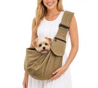 Dog Sling Carrier for Small Dogs 10-16 lbs, Adjustable Dog Carrier with Thick Padded Shoulder Strap, Puppy Carrier with Safety Hook, Front Zipper Pocket, Machine Washable Pet Carrier for Cats (Brown)
