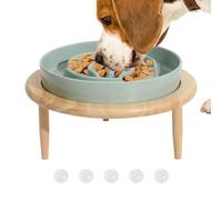Dog Slow Feeder Bowl Ceramic Non-Slip Pet Bowl with Raised Wooden Stand | Food Dish for Dogs and Puppies, Slows Eating to Prevent Bloating, Feeding