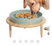 Dog Slow Food Bowl - Non Slip Ceramic Bowl with Raised Wooden Base | Food Supplies, Relaxing Toys for Dogs and Puppies, Washable Dishwasher
