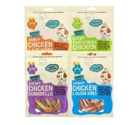 Dog Snack Bundle - Natural Chicken Dog Treats Variety Pack, Crunchy Calcium Bones, Chewy Twists, Chicken Dumbbells, Rice Bones, 4 Pack with E-FICCI Thank you Card