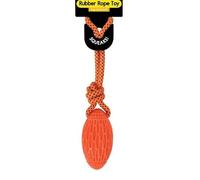Dog Squeaky Rubber Rugby Ball and Rope Dog Toy, With Squeaker, Colourful Tugs, Dental Health, Durable Ropes, Rubber Ball, Dental Cleaning, All Breeds, Puppies, Small, Medium, Large. 3 Colours (Orange)
