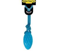 Dog Squeaky Rubber Rugby Ball and Rope Dog Toy, With Squeaker, Colourful Tugs, Dental Health, Durable Ropes, Rubber Ball, Dental Cleaning, All Breeds, Puppies, Small, Medium, Large. 3 Colours (Blue)