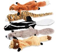 Dog Squeaky Toys No Stuffing Plush Bundle - 5 Pack Wild Animal Shapes (Fox, Tiger, Skunk, Raccoon, Lion) - Durable Chew for Small Medium Large Breeds, Interactive Fetch Puppy Teething Chewing Toys