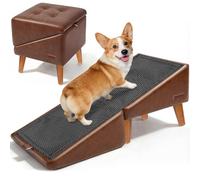 Dog Stairs for Small Dogs 16" H - Upgraded Non-Slip Dog Ramp for Bed and Couch, Foldable 2-in-1 Pet Ramp and Ottoman, Pet Stairs for Puppy, Pet Steps with Solid Wood Frame (Brown)