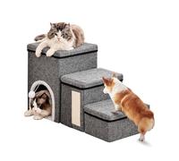 Dog Stairs for Small Dogs, 43 cm High Pet Stairs / Cat Stairs for Bed and Sofa, 3 Steps Folding Stairs with Cat Cave, Non-Slip Base, Up to 50 kg, Grey
