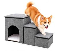 Dog Stairs for Small Dogs,Foldable 3-Step Pet Steps with Storage,74.5x42cm | Cozy Condo,Anti-Slip Dog Ramp for High Bed,Sofa & Couch,Easy Assembly for Senior Pets,Supporting Up to 75kg,Grey
