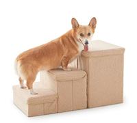 Dog Stairs with Storage, 3-Step Sturdy Dog Steps for Small Medium or Large Older Dogs Cats, Folding Pet Stairs Climbing Sofas, high beds, Windows and Cars (Beige, No Condo,16.7" H)