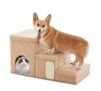 Dog Stairs with Storage and Condo,Cat Scratcher, 3-Step Sturdy Dog Steps for Small Medium or Large Older Dogs Cats, Folding Pet Stairs Climbing Sofas, high beds, Windows and Cars (Beige,16.7'' H)