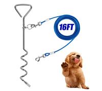 Dog Stake Tie Out Cable and Reflective Stake 16 ft Outdoor, Yard and Camping, for Medium to Large Dogs Up to 125 lbs(Blue,18" Stake, 16 ft Cable)