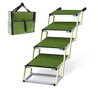 Dog Steps for Car - Dog Ramps for Cars with Glow in the Dark Marking - Grass Padded Steps Car Ramp - Suitable for Small Cars and Estates - Portable Aluminum Folding Pet Ramp for Dogs - 4 Steps