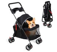 Dog Stroller, 4 Wheel Foldable Pet Pram for Small Medium Dogs and Cats up to 10kg, with Storage Basket, Cup Holder, Breathable Mesh & Safety Brake Black 1 Set