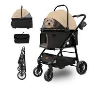 Dog Stroller, Folded 4 Wheels Pet Stroller for Small Medium Dogs Cats, Easy to Store and Assemble, Cat Stroller with 360°Swiveling Front Wheel and Brake for Traveling Going Out Walking (Khaki)