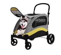 Dog Stroller for Large Dogs, Extra Large Pet Stroller, Dog Stroller for 2 Medium Dogs, Foldable Design Adjustable Handle, with Pocket, Up to 132lbs, Cart Travel Trolley Outdoor, Gray-yellow
