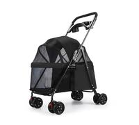 Dog Stroller with 4 Wheels, Foldable Dog Cat Stroller with Cup Holder, Puppy Cage Jogger Strollers with Breathable Mesh, Weather Cover, Storage Basket, for Small Medium Pets Black