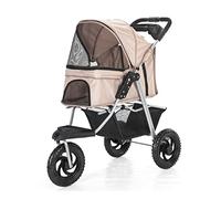 Dog Strollers 3 Wheels Pet Stroller for Cats/Dogs Pushchair Carrier, Large Wheels Dog Pram Stroller for Medium Small Dogs Foldable Dog Pram with Cup Holder, Loading 25 Kg(Khaki)