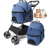 Dog Strollers for Small Medium Dogs & Cats 3-in-1 Foldable Pet Stroller Detachable Travel Carrier 4 Wheels Cat Stroller for 1 Cat with Storage Basket Mesh (Blue) (Blue)