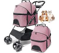 Dog Strollers for Small Medium Dogs & Cats 3-in-1 Foldable Pet Stroller Detachable Travel Carrier 4 Wheels Cat Stroller for 1 Cat with Storage Basket Mesh (Blue) (Pink)