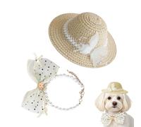 Dog Sun Visor Pearl Necklace and Bow Headpiece for E | Adjustable Country Style Hat Set for Large Medium Breed Puppies Kittens Photo Props Beach Party