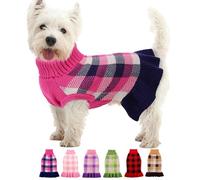 Dog Sweater Dress Plaid Knitwear for Small Medium Dogs Warm Puppy Pet Turtleneck Stretch Pullover Cute Fall Winter Vest Clothes with Leash Hole for Christmas (Navy, S)