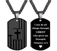 Dog Tag Christian Necklace for Men, Bible Verse American Flag Cross Necklace for Birthday Christmas First Communion Baptism Gifts, S, Stainless Steel, No Gemstone