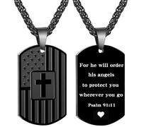 Dog Tag Christian Necklace for Men, Bible Verse American Flag Cross Necklace for Birthday Christmas First Communion Baptism Gifts, S, Stainless Steel, No Gemstone