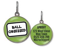 Dog Tags for Boy Dogs - Multiple Designs, 36 Colour Options, 2 Sizes - Customised Waterproof Double-Sided Pet ID Tag for Male Dogs, Puppies & Male Cats (Ball Obsessed)