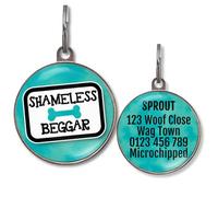 Dog Tags for Boy Dogs - Multiple Designs, 36 Colour Options, 2 Sizes - Customised Waterproof Double-Sided Pet ID Tag for Male Dogs, Puppies & Boy Cats (Shameless Beggar)