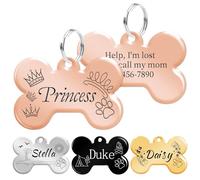 Dog Tags for Pets Engraved, Personalised Name Tag, Bone Shape ID Tag for Dogs & Cats Collar, Double-Side Engraing, Stainless Steel, Smooth Edge Polished Rose
