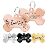 Dog Tags for Pets Engraved, Personalised Name Tag, Bone Shape ID Tag for Dogs & Cats Collar, Double-Side Engraing, Stainless Steel, Smooth Edge Polished Rose