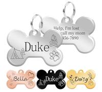 Dog Tags for Pets Engraved, Personalised Name Tag, Bone Shape ID Tag for Dogs & Cats Collar, Double-Side Engraing, Stainless Steel, Smooth Edge Polished Silver