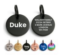Dog Tags for Pets Engraved UK Personalised Round Name Disc for Dogs and Cats, Brass Or Stainless Steel, Small Medium & Large, Deep Engraved Quiet, UK Legal, The Stately Hound (Black Round, Medium)
