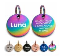 Dog Tags for Pets Engraved UK Personalised Round Name Disc for Dogs and Cats, Brass Or Stainless Steel, Small Medium & Large, Deep Engraved, UK Legal, The Stately Hound (Multicolour Round, Medium)
