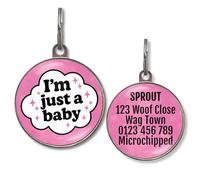 Dog Tags for Small Dogs - Personalised Small Pet Tags, 20+ Funny Sassy Designs, Lightweight Waterproof Pet ID Tag with Custom Back Info, 36 Colour Options (I'm Just A Baby)