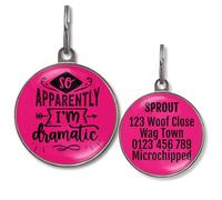 Dog Tags for Small Dogs - Personalised Small Pet Tags, 20+ Funny Sassy Designs, Lightweight Waterproof Pet ID Tag with Custom Back Info, 36 Colour Options (Apparently I'm Dramatic)