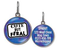 Dog Tags for Small Dogs - Personalised Small Pet Tags, 20+ Funny Sassy Designs, Lightweight Waterproof Pet ID Tag with Custom Back Info, 36 Colour Options (Cute But Feral)