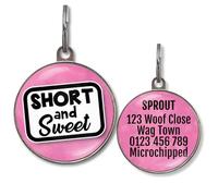 Dog Tags for Small Dogs - Personalised Small Pet Tags, 20+ Funny Sassy Designs, Lightweight Waterproof Pet ID Tag with Custom Back Info, 36 Colour Options (Short and Sweet)