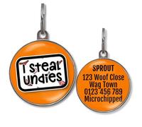 Dog Tags for Small Dogs - Personalised Small Pet Tags, 20+ Funny Sassy Designs, Lightweight Waterproof Pet ID Tag with Custom Back Info, 36 Colour Options (I Steal Undies)