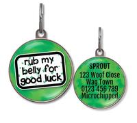 Dog Tags for Small Dogs - Personalised Small Pet Tags, 20+ Funny Sassy Designs, Lightweight Waterproof Pet ID Tag with Custom Back Info, 36 Colour Options (Rub My Belly for Good Luck)