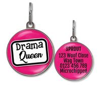 Dog Tags for Small Dogs - Personalised Small Pet Tags, 20+ Funny Sassy Designs, Lightweight Waterproof Pet ID Tag with Custom Back Info, 36 Colour Options (Drama Queen)
