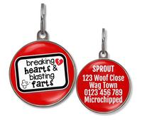 Dog Tags for Small Dogs - Personalised Small Pet Tags, 20+ Funny Sassy Designs, Lightweight Waterproof Pet ID Tag with Custom Back Info, 36 Colour Options (Breaking Hearts & Blasting Farts)
