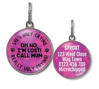 Dog Tags for Small Dogs - Personalised Small Pet Tags, 20+ Funny Sassy Designs, Lightweight Waterproof Pet ID Tag with Custom Back Info, 36 Colour Options (Oh No I'm Lost Call Mum)