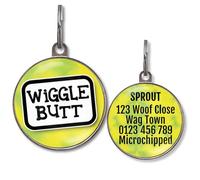 Dog Tags for Small Dogs - Personalised Small Pet Tags, 20+ Funny Sassy Designs, Lightweight Waterproof Pet ID Tag with Custom Back Info, 36 Colour Options (Wiggle Butt)