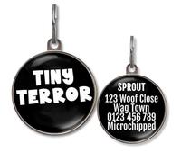Dog Tags for Small Dogs - Personalised Small Pet Tags, 20+ Funny Sassy Designs, Lightweight Waterproof Pet ID Tag with Custom Back Info, 36 Colour Options (Tiny Terror)