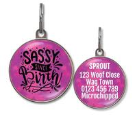 Dog Tags for Small Dogs - Personalised Small Pet Tags, 20+ Funny Sassy Designs, Lightweight Waterproof Pet ID Tag with Custom Back Info, 36 Colour Options (Sassy Since Birth)