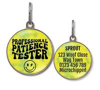Dog Tags for Small Dogs - Personalised Small Pet Tags, 20+ Funny Sassy Designs, Lightweight Waterproof Pet ID Tag with Custom Back Info, 36 Colour Options (Professional Patience Tester)