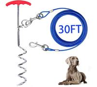 Dog Tie Out Cable and Stake, 30ft Outside Dog Leash & Chain for Camping and Yard, 16'' Heavy Duty Anti Rust Spiral Stake for Medium-Large Dogs Up to 125 lbs (30FT, Blue)