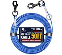 Dog Tie Out Cable - Training Tether for Dogs Up to 160 Pounds - 360° Swivel Clips - Reflective Dog Tether for Yard, Camping, Park - Heavy Duty Chain with Runner Metal Ring (Blue, 50ft)