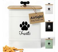 Dog Treat Container Airtight - 6"W x 8"H Iron & Bamboo Dog Treat Jar for Kitchen Counter - Large Dog Treat Jar With Lid - White Dog Treat Canister Airtight - Large Dog Cookie Jar - Pet Treat Container